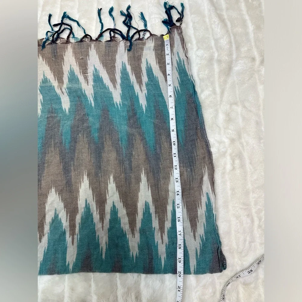 Ikat Boho Teal Brown Cream Fall Spring Tassel Scarf Travel Lightweight Semisheer